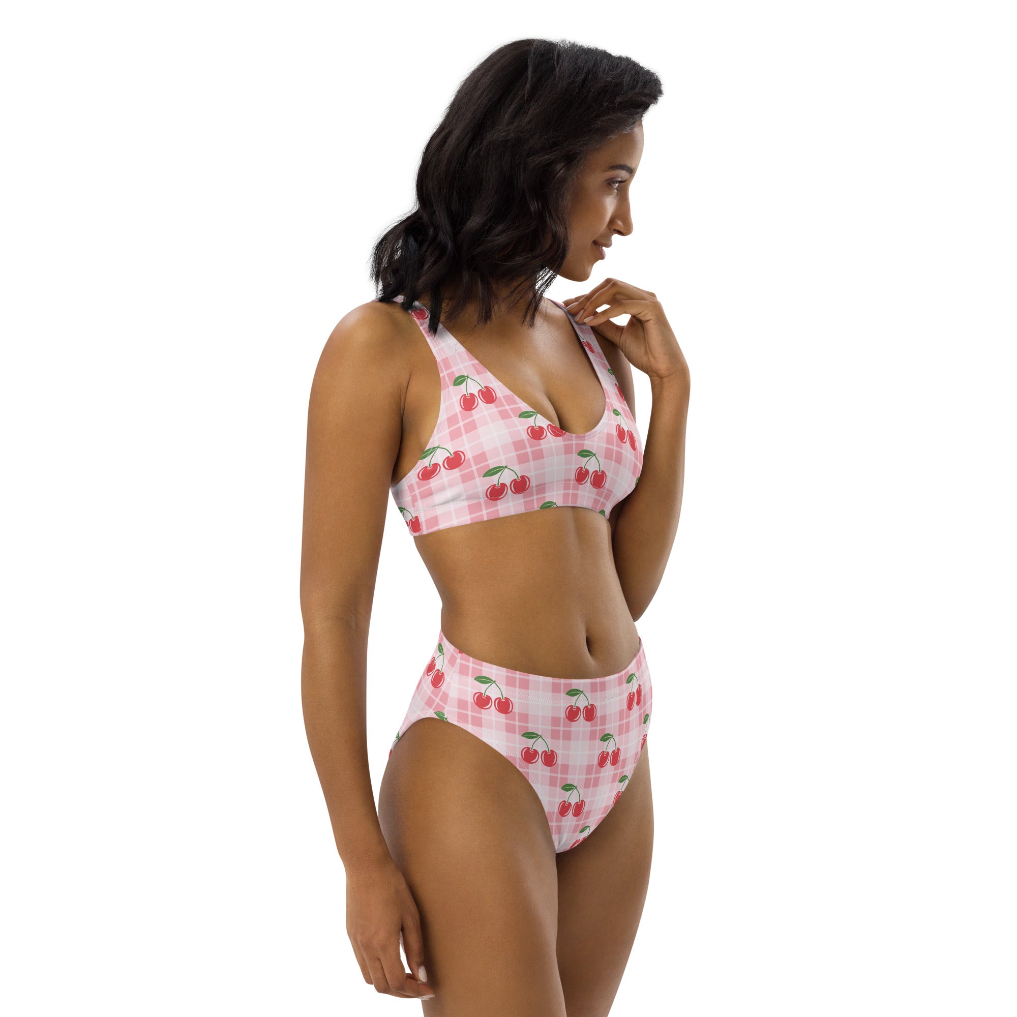 Women's Pink Cherry Gingham Recycled Bikini - Removable Padding, Buttery Soft Quick-Drying UPF 50+ Fabric