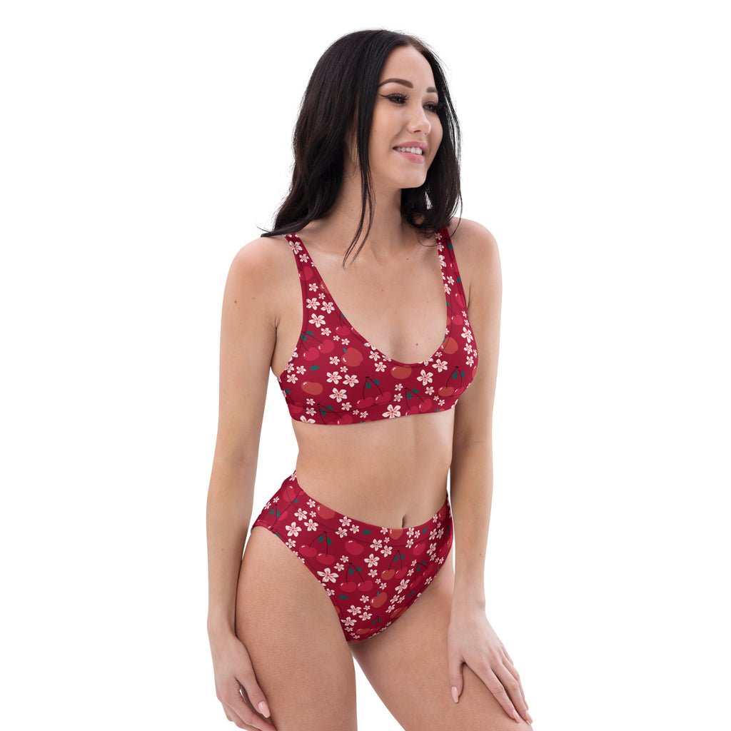 Women's Red Cherry Blossom Recycled Bikini - Removable Padding, Buttery Soft Quick-Drying UPF 50+ Fabric