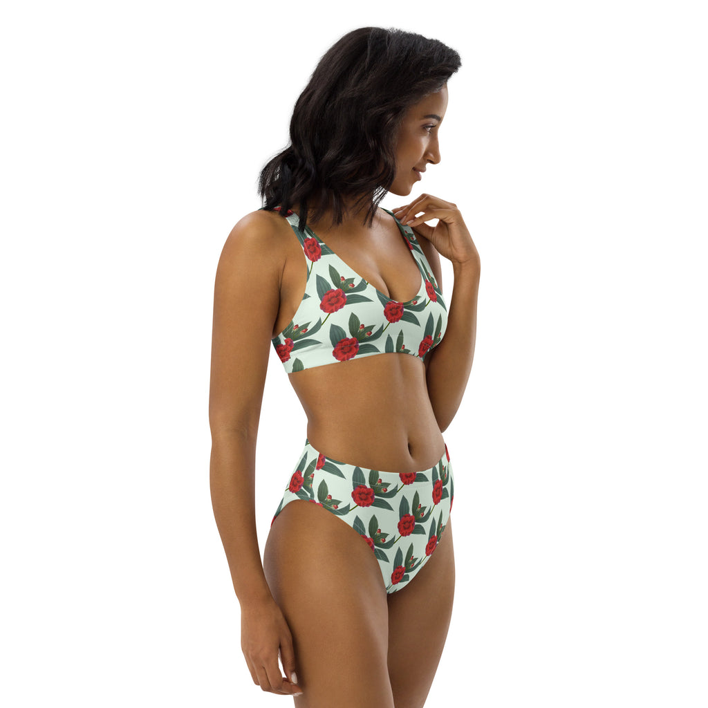 Women's Mint Red Rose Recycled Bikini - Removable Padding, Buttery Soft Quick-Drying UPF 50+ Fabric
