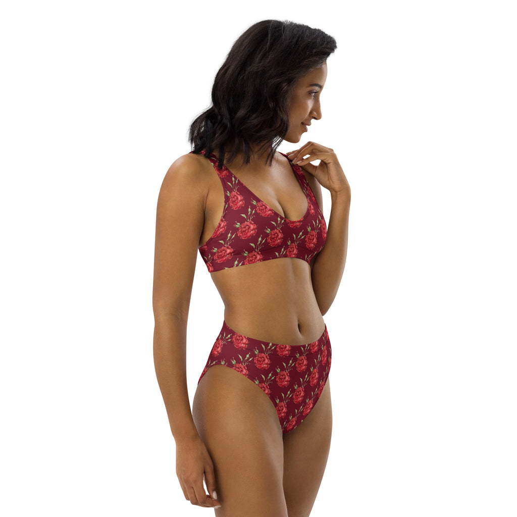 Women's Burgundy Red Rose Recycled Bikini - Removable Padding, Buttery Soft Quick-Drying UPF 50+ Fabric