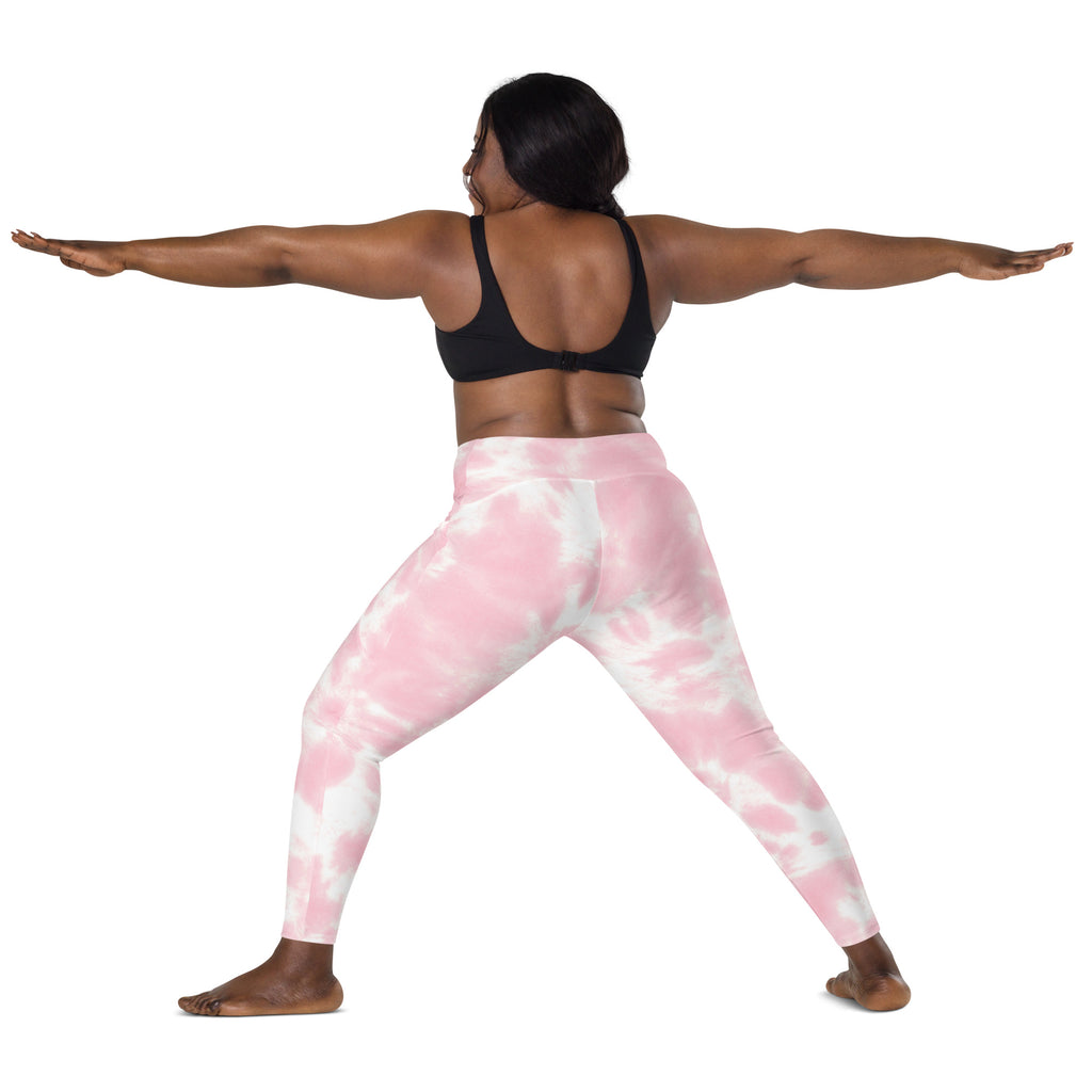 Women’s pink and white tie dye high-waisted yoga leggings with pockets made of soft compression fabric for activewear