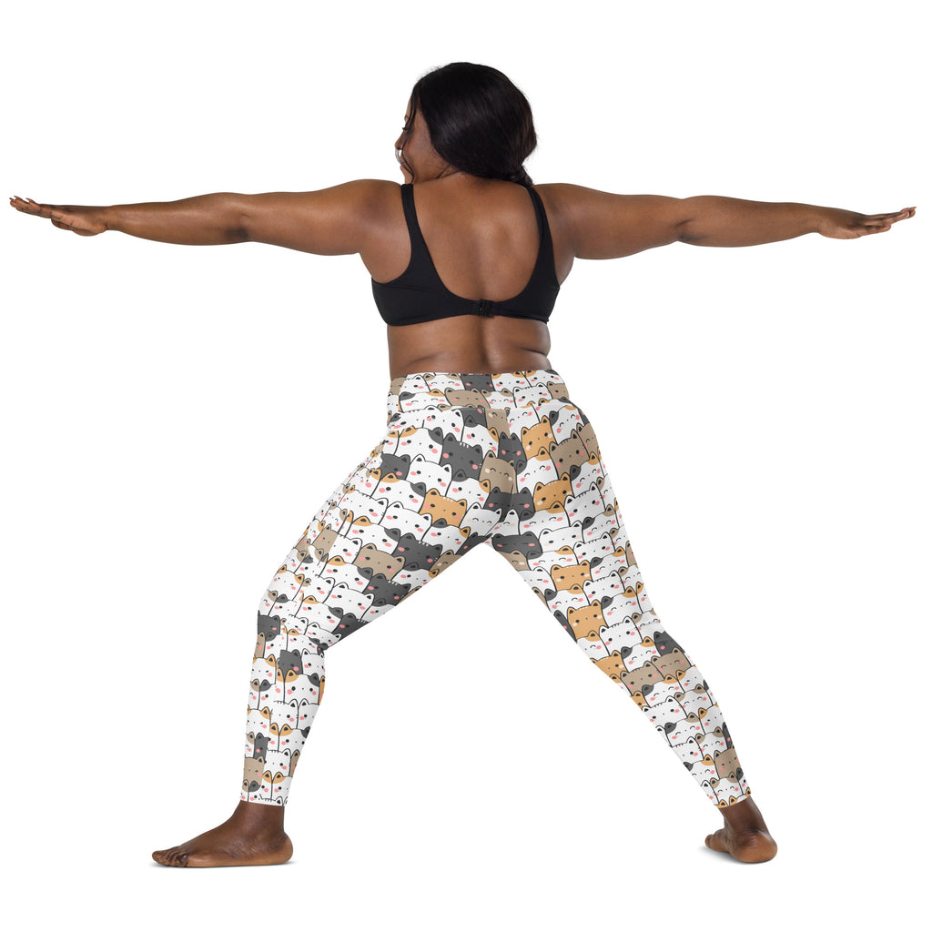 White women’s kawaii cat yoga leggings with pockets featuring colorful cartoon cats high-waisted soft compression