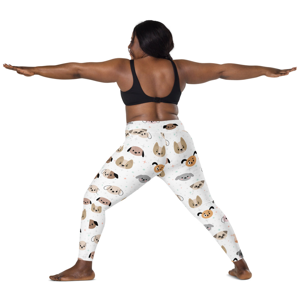 Women’s white dog face yoga leggings with pockets high-waisted soft compression fabric featuring playful cartoon dogs