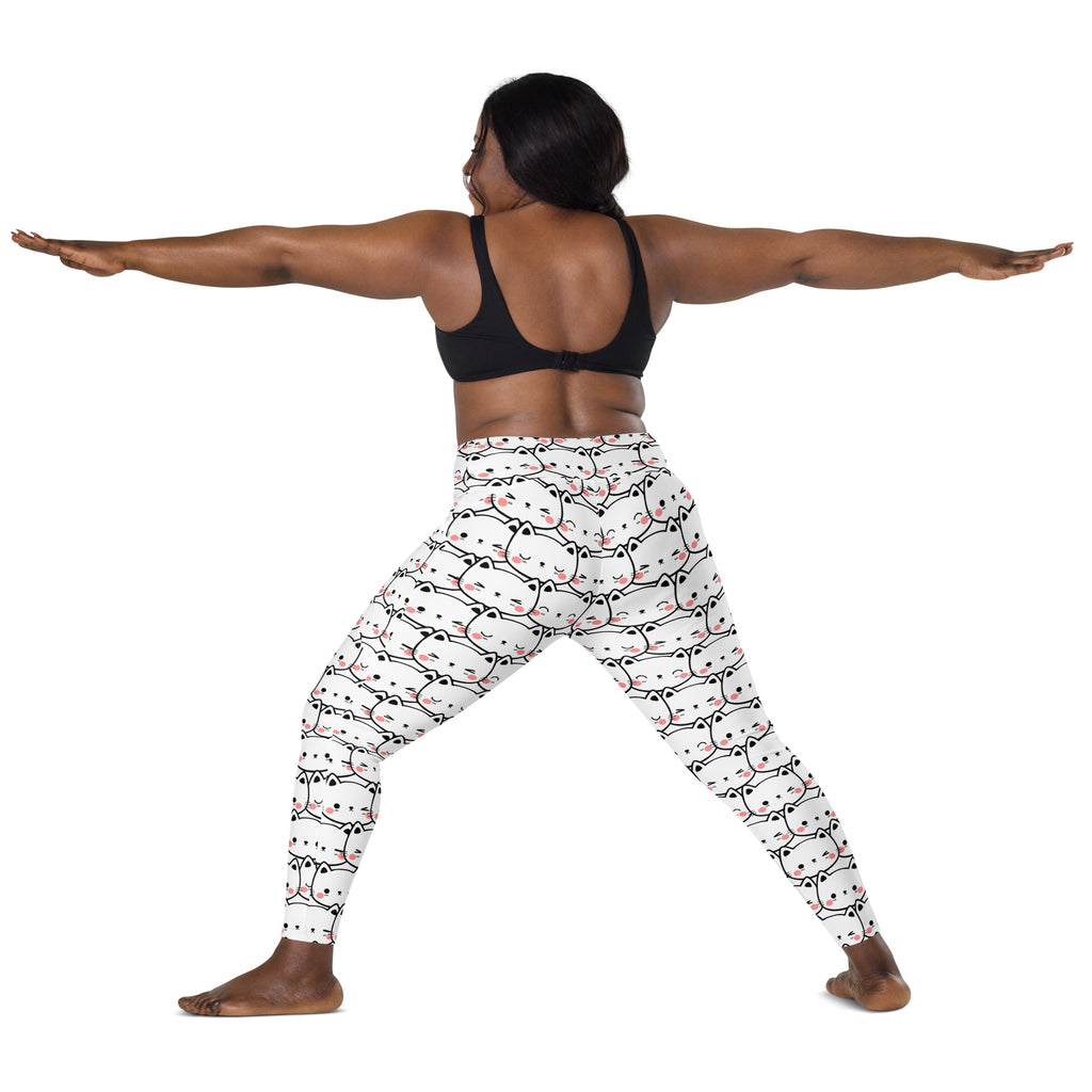 White leggings with black-outlined kawaii cat faces and pink accents high-waisted soft compression yoga pants with pockets