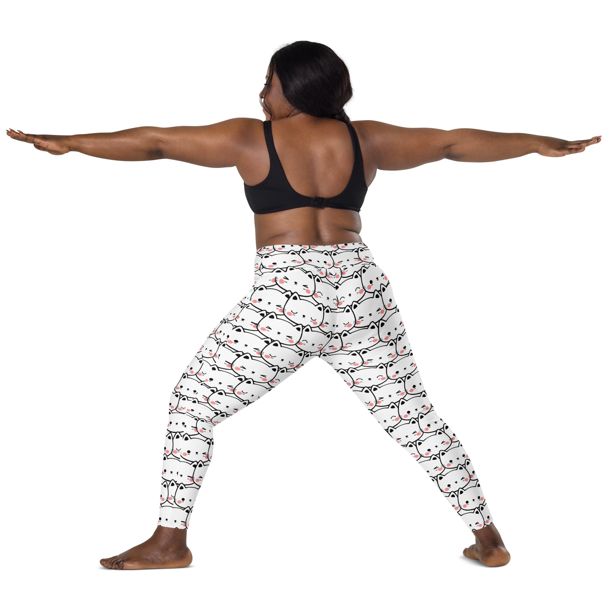 White leggings with black-outlined kawaii cat faces and pink accents high-waisted soft compression yoga pants with pockets