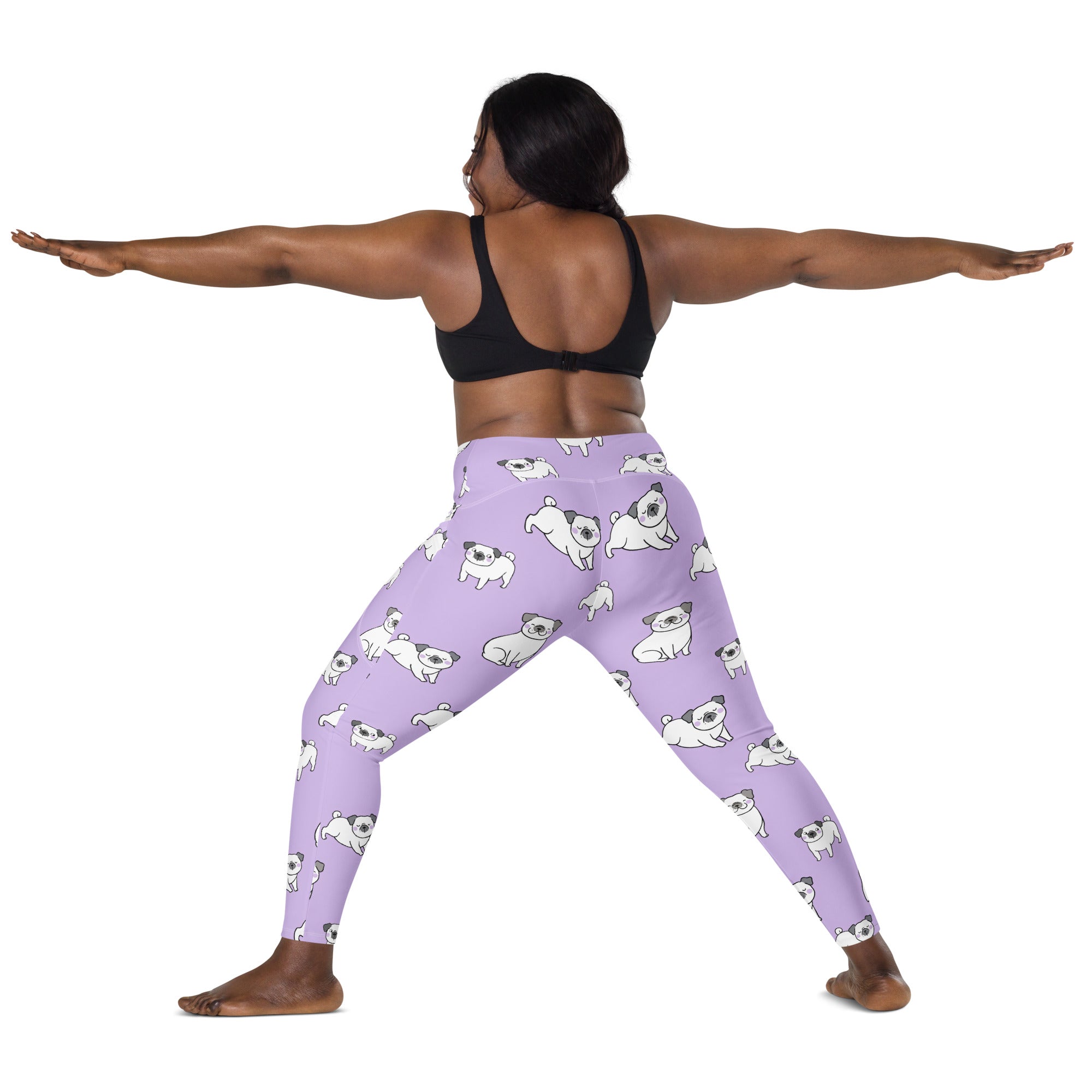 Women’s lilac high-waisted pug leggings with pockets featuring white cartoon pugs soft compression active pants