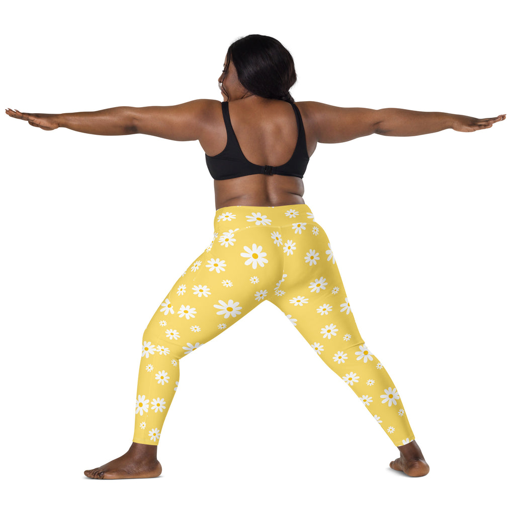 Women’s Yellow Daisy Yoga Leggings With Pockets – High-Waisted, Soft Compression Active Pants