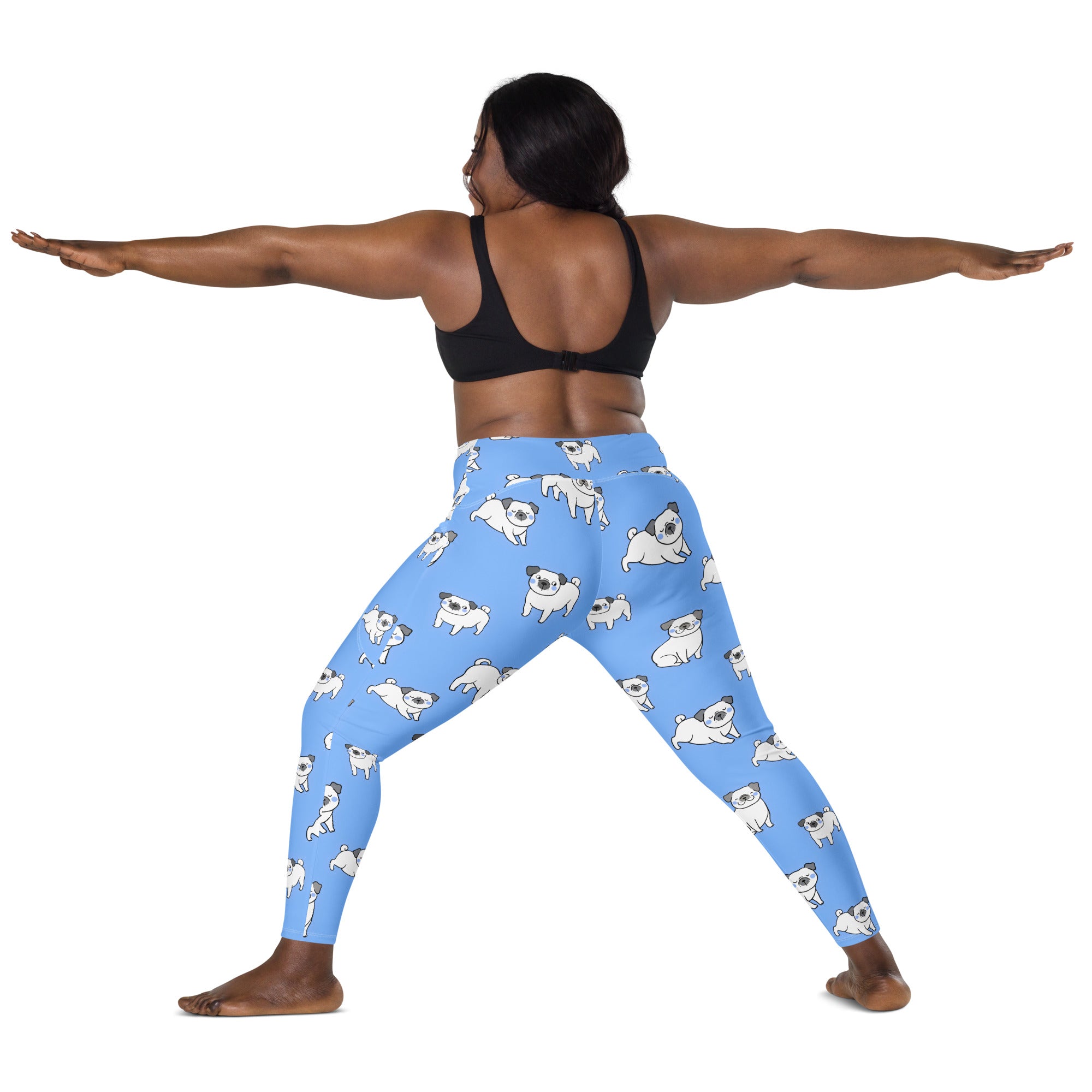 Women’s light blue high-waisted pug yoga leggings with pockets featuring soft compression and playful white pug pattern