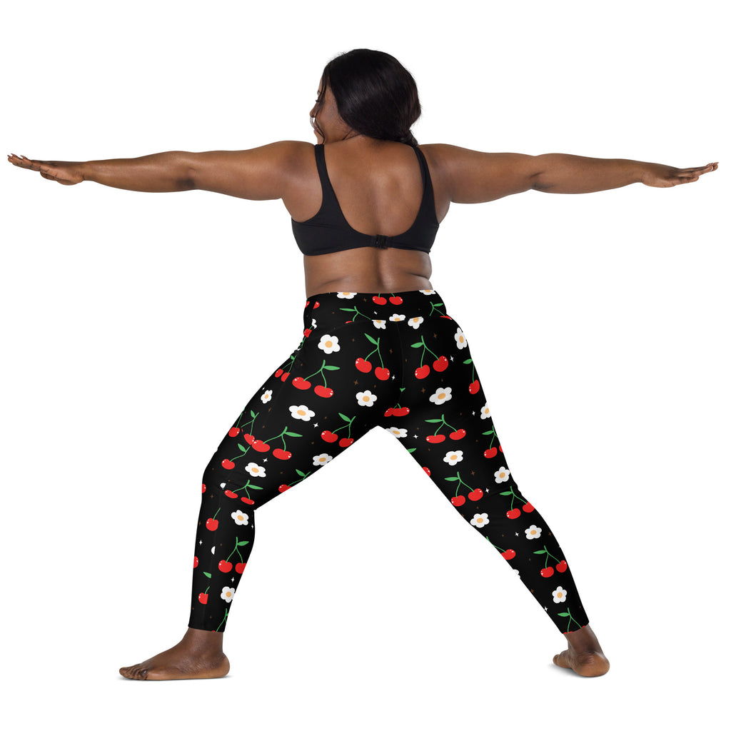 Women’s black leggings with red cherry and white flower pattern high-waisted soft compression with pockets