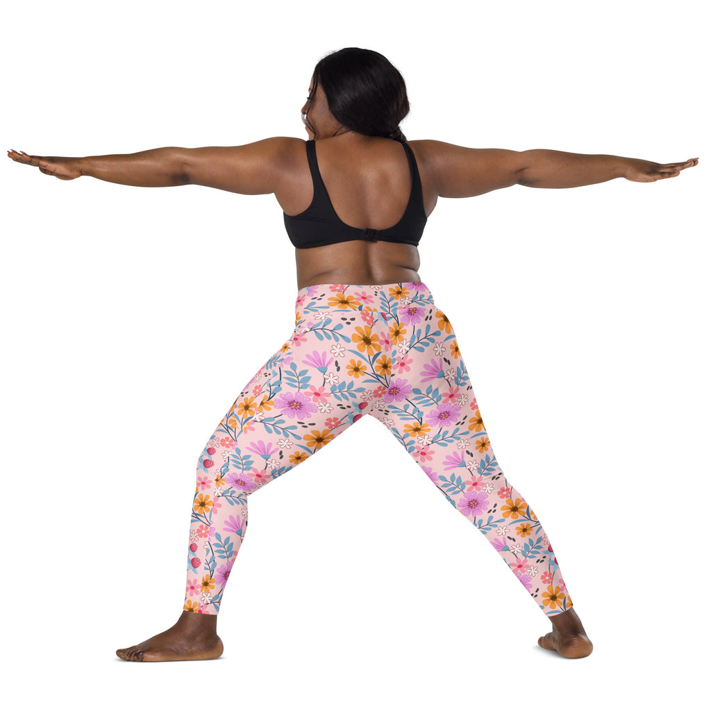 Women’s pink floral yoga leggings with pockets high waisted soft compression pants featuring vibrant flower pattern