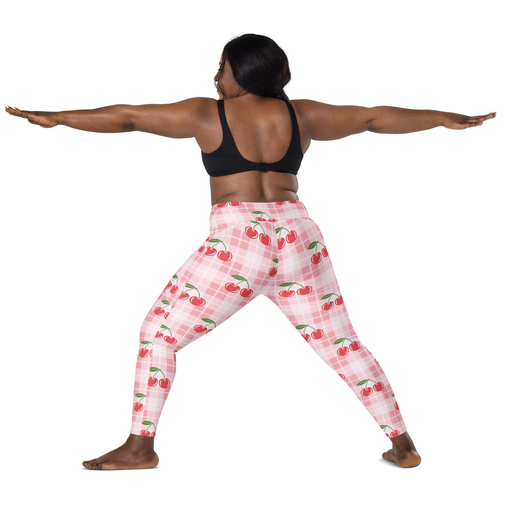 Women’s high waisted pink and white plaid leggings with red cherry pattern soft compression yoga pants with pockets