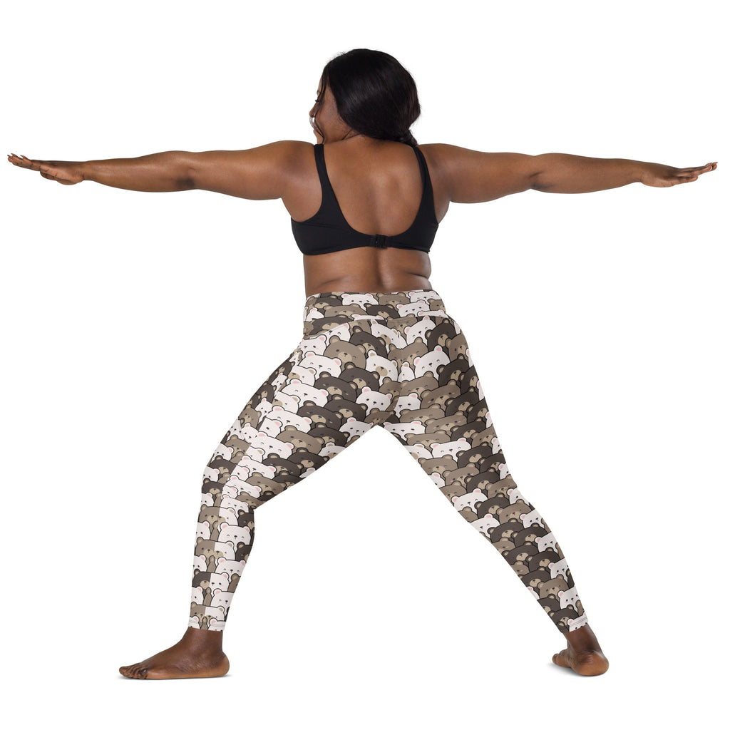 Women’s high-waisted camouflage bear face yoga leggings with pockets in brown beige and white soft compression fabric