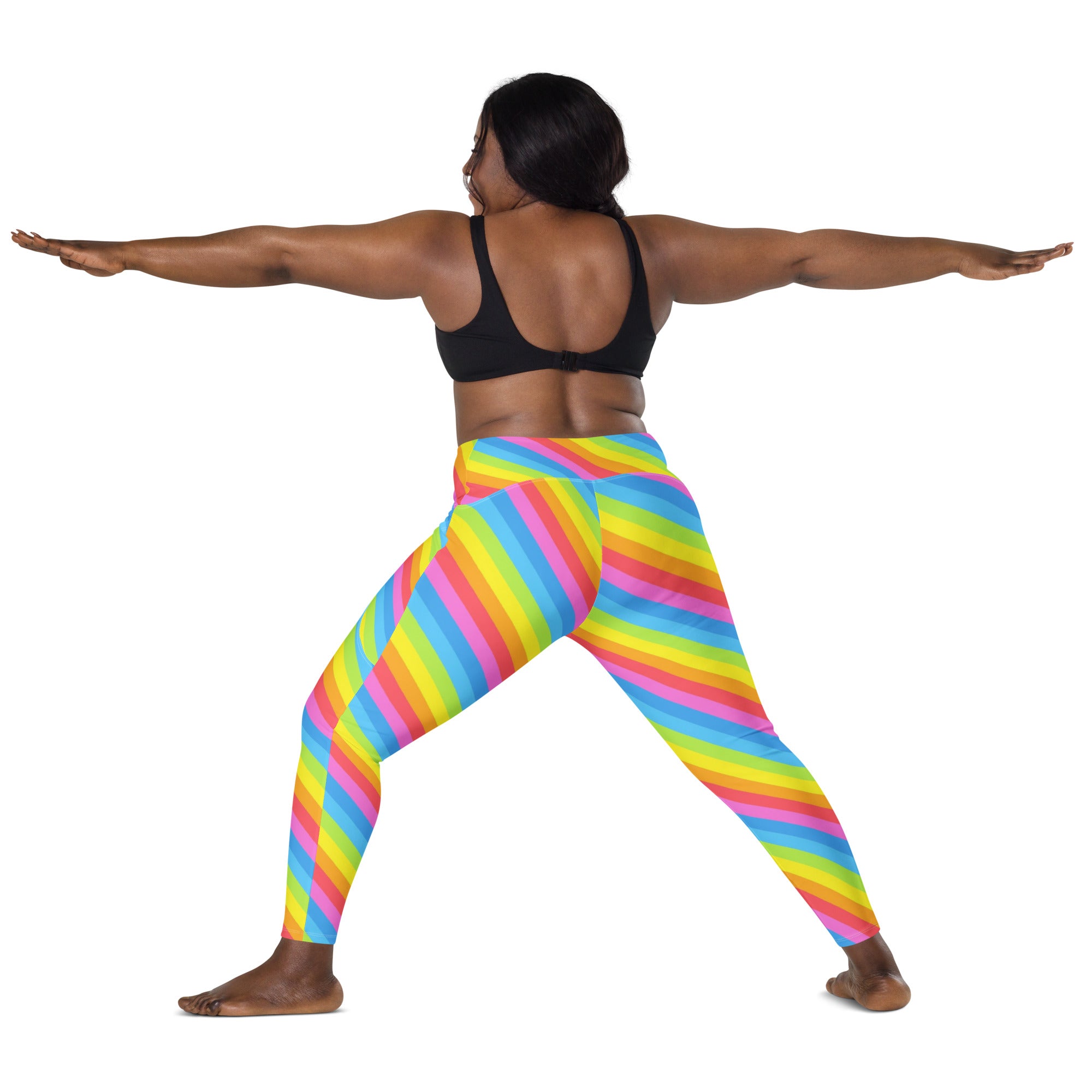 Women’s Rainbow Stripe Yoga Leggings With Pockets – High-Waisted, Soft Compression Active Pants
