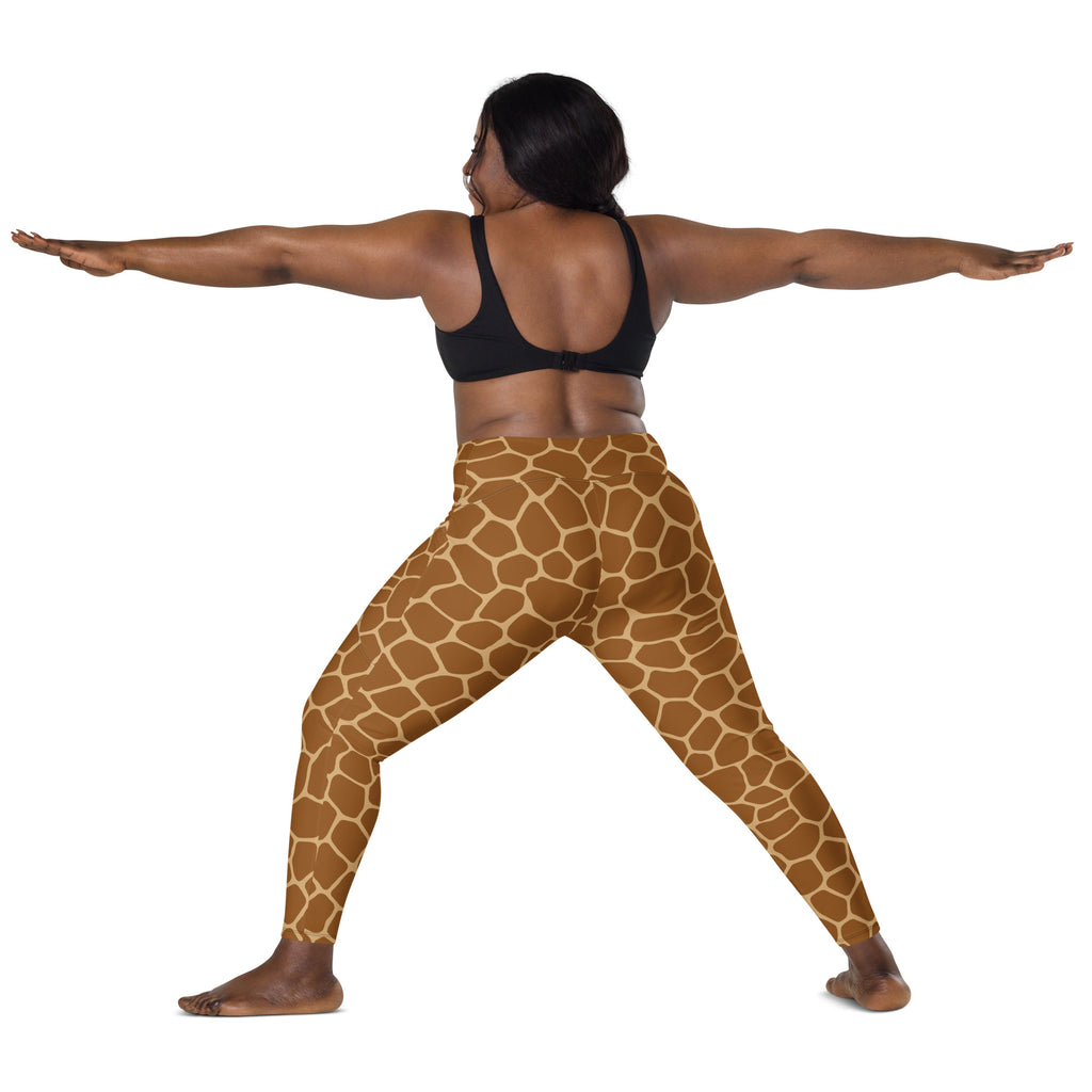 Women’s high-waisted brown giraffe print yoga leggings with pockets made from soft compression fabric