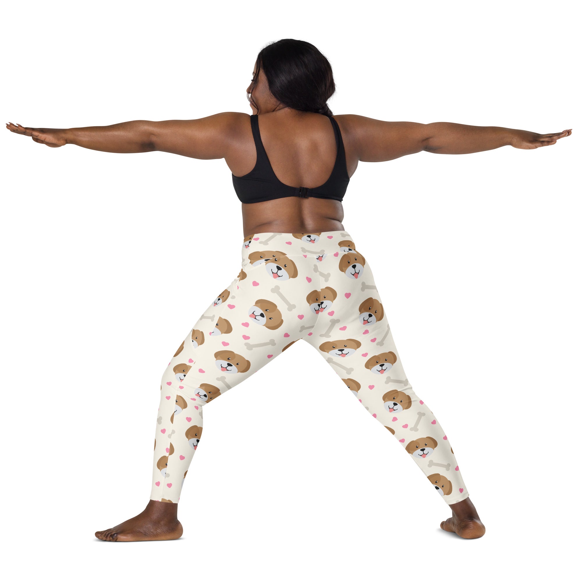 Women’s cream-colored cute dog yoga leggings with pockets featuring brown puppy faces pink hearts and white bones pattern