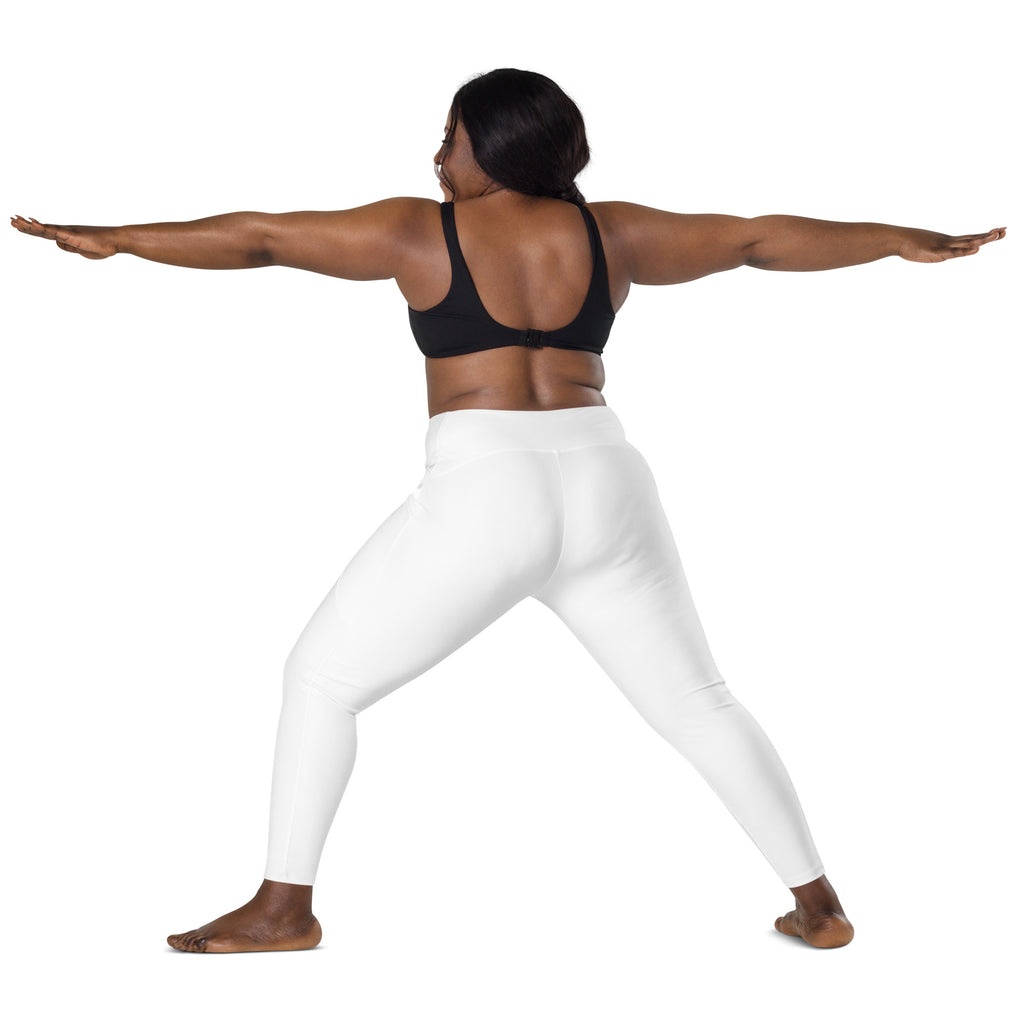 Women’s white high-waisted yoga leggings with pockets soft compression fabric for active wear back view