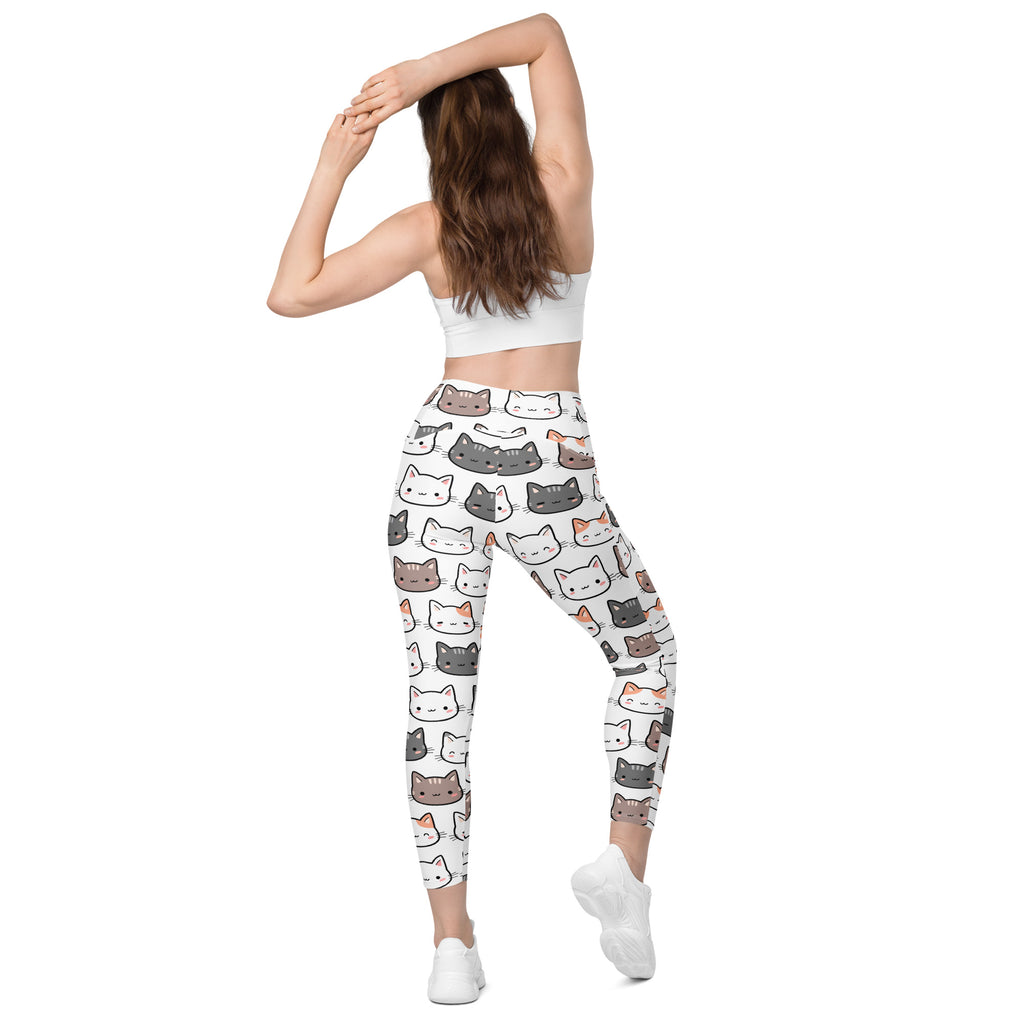 White high-waisted womens yoga leggings with soft compression and colorful cartoon cat pattern with pockets