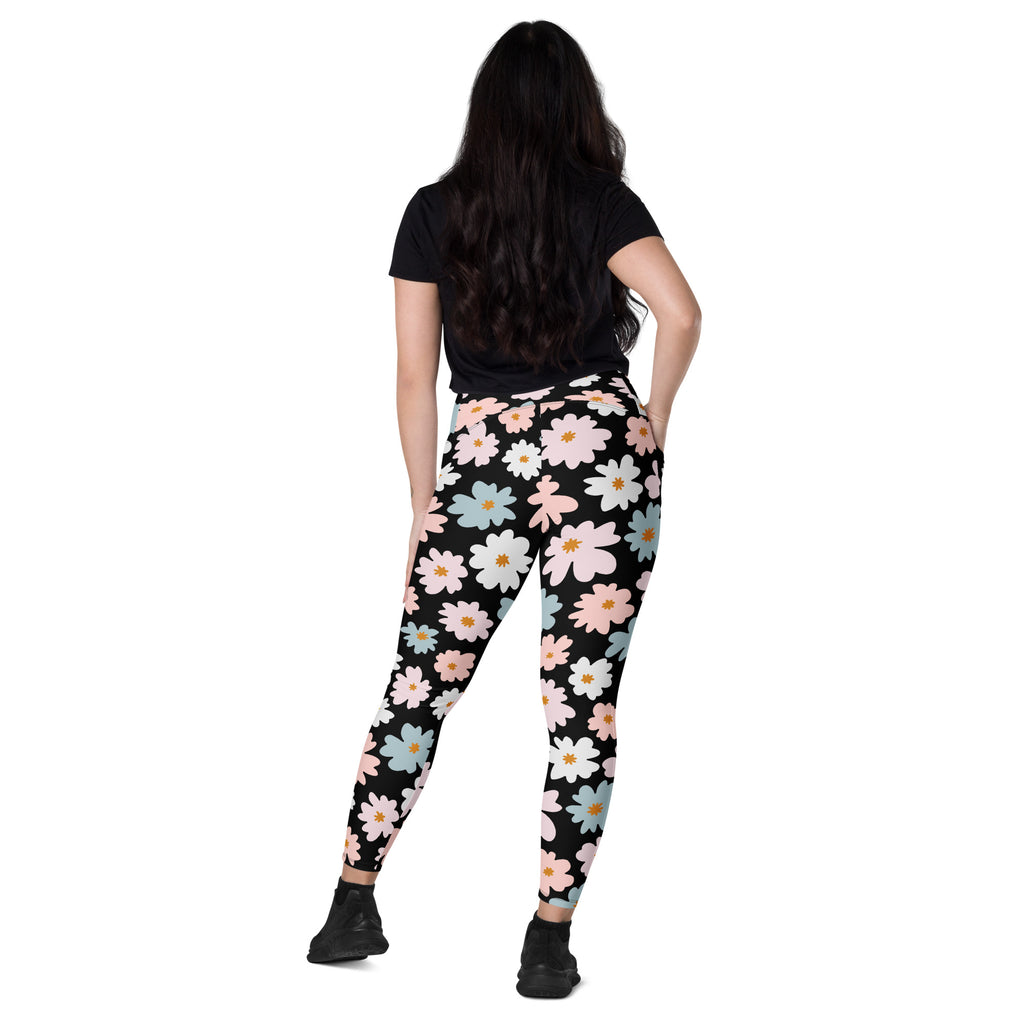 Black leggings with vibrant pink light blue and white daisy pattern women’s retro floral yoga leggings with pockets