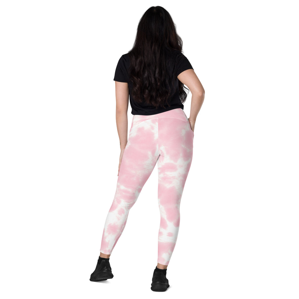 Women’s pink and white tie dye high waisted yoga leggings with pockets soft compression active pants front view