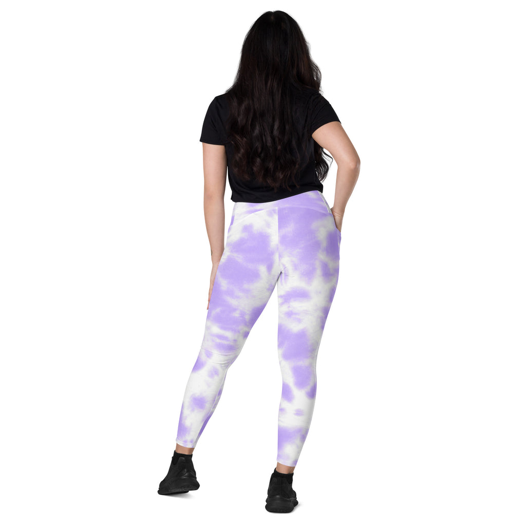 Women’s high-waisted purple and white tie dye yoga leggings with pockets soft compression active pants front view