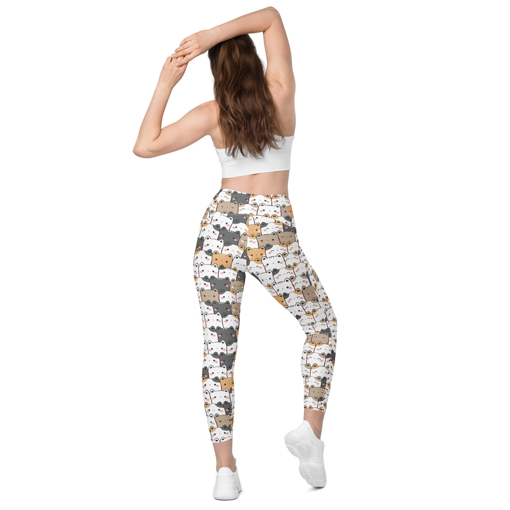 White women’s kawaii cat yoga leggings with pockets featuring playful gray brown and white cartoon cats on soft compression fabric