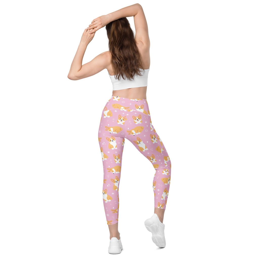 Women’s pink high-waisted corgi dog yoga leggings with pockets soft compression active pants featuring cute pattern