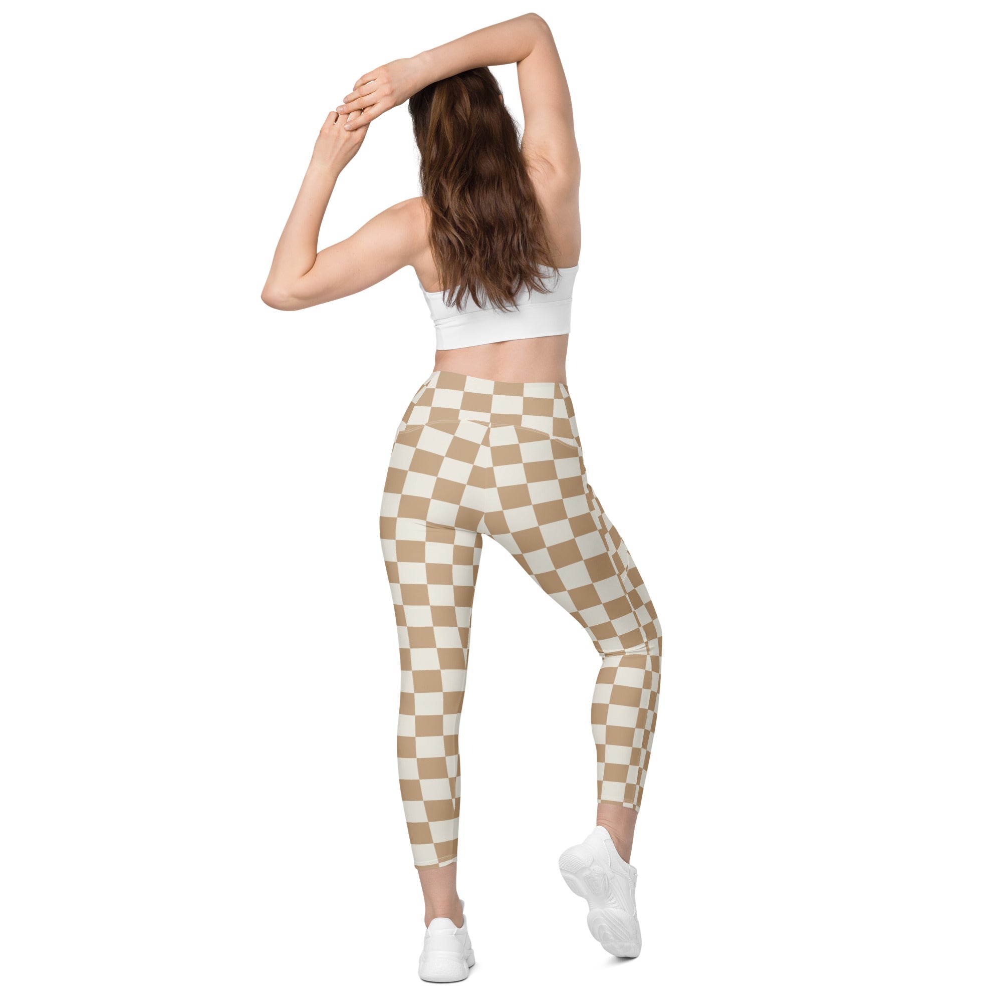 Women’s beige and white checkered high-waisted yoga leggings with pockets soft compression active pants