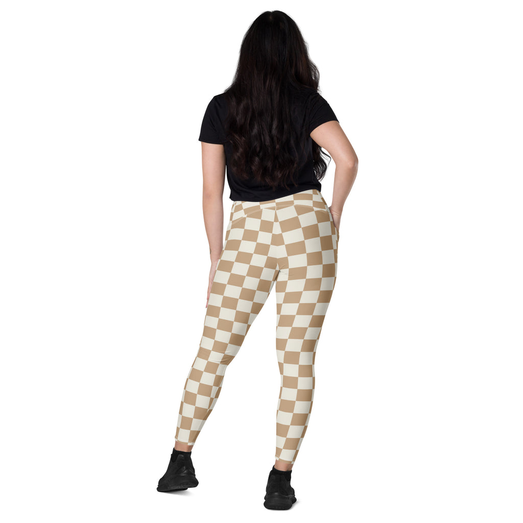 Women’s high-waisted beige and cream checkered yoga leggings with pockets soft compression activewear pants