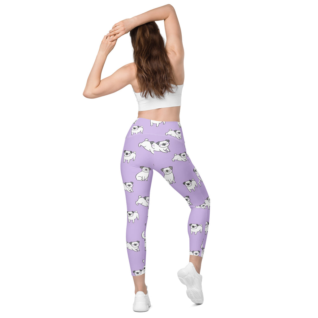 Women’s high-waisted purple pug yoga leggings with pockets featuring soft compression and white pug dog pattern