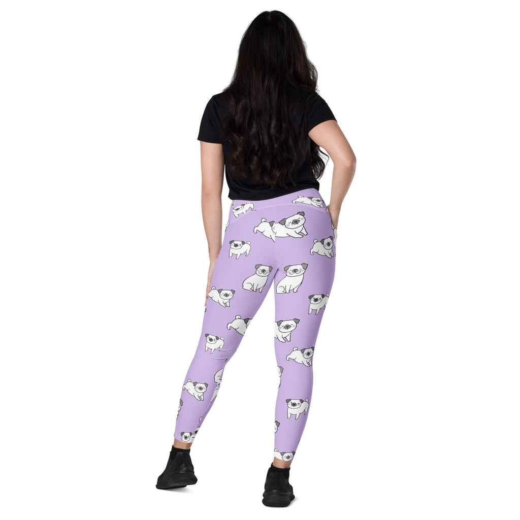 Women’s purple pug yoga leggings with pockets soft compression fabric and playful white pug dog pattern