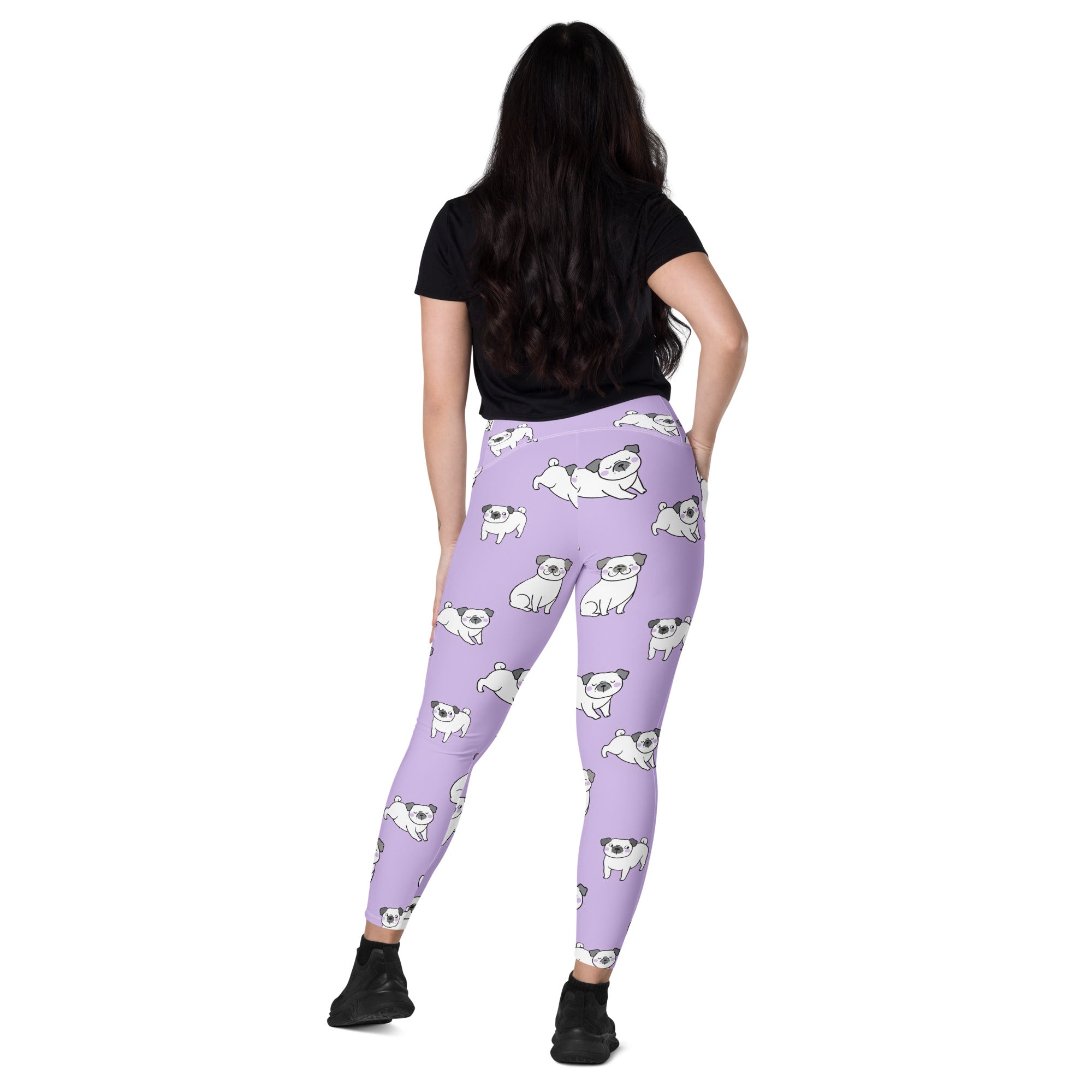 Women’s purple pug yoga leggings with pockets soft compression fabric and playful white pug dog pattern