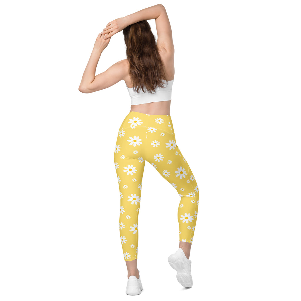Women’s Yellow Daisy Yoga Leggings With Pockets – High-Waisted, Soft Compression Active Pants