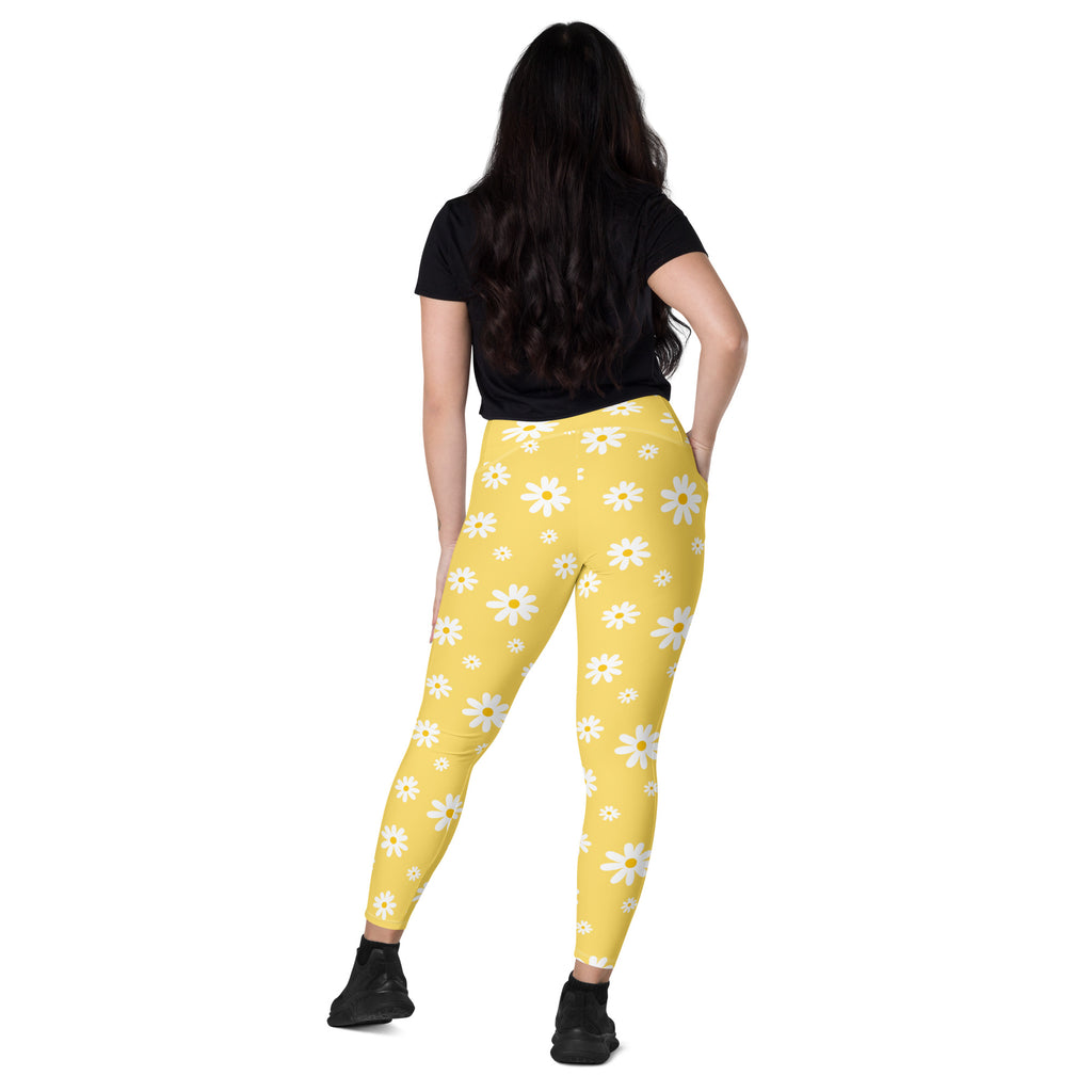 Women’s Yellow Daisy Yoga Leggings With Pockets – High-Waisted, Soft Compression Active Pants