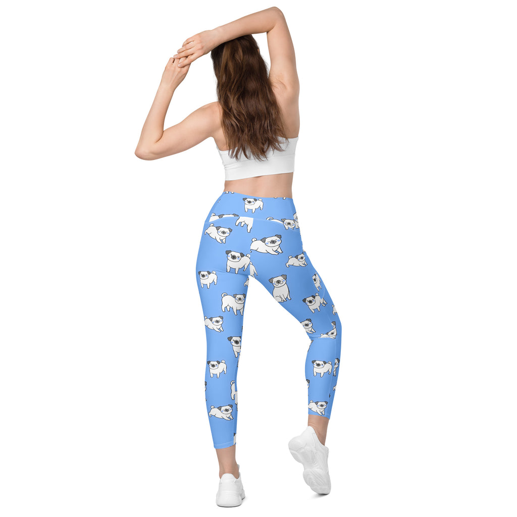 Women’s light blue high-waisted yoga leggings with soft compression and pockets featuring playful pug print
