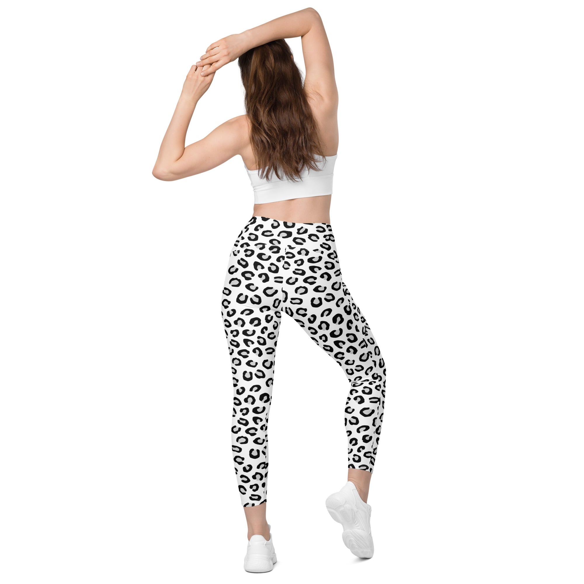 White leggings with bold black leopard print high waisted soft compression yoga pants with pockets for women