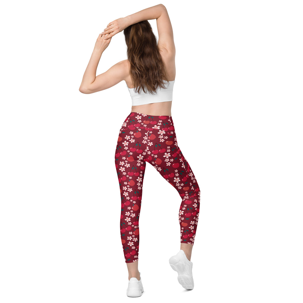 Women’s cherry blossom red and white floral high-waisted yoga leggings with pockets soft compression active pants