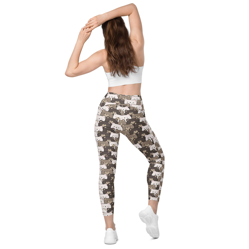 Women’s high-waisted bear face yoga leggings with pockets featuring soft compression and a beige fox pattern