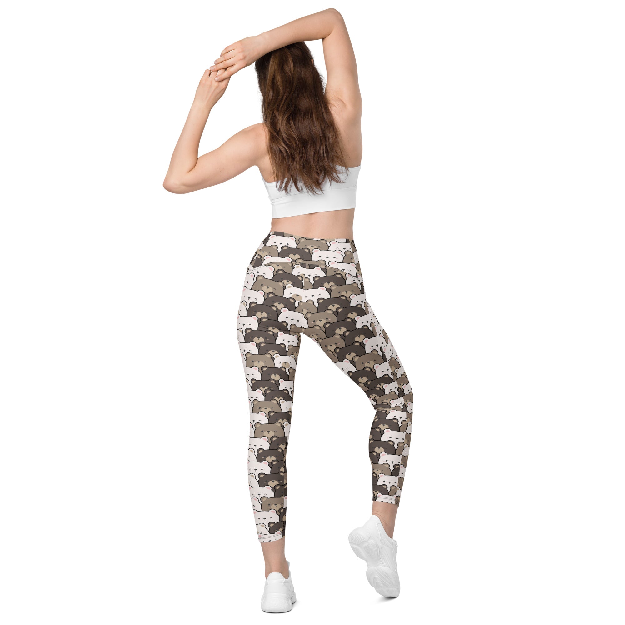 Women’s high-waisted bear face yoga leggings with pockets featuring soft compression and a beige fox pattern