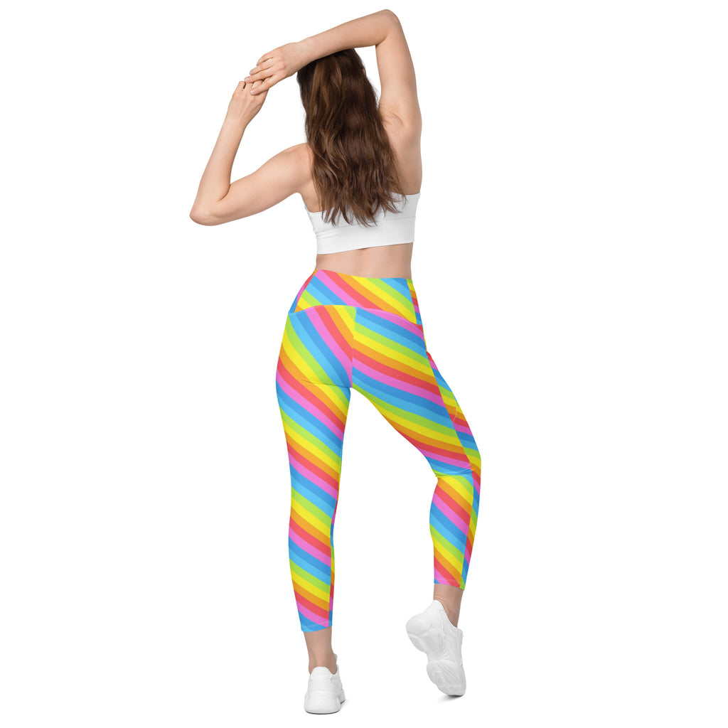 Women’s Rainbow Stripe Yoga Leggings With Pockets – High-Waisted, Soft Compression Active Pants