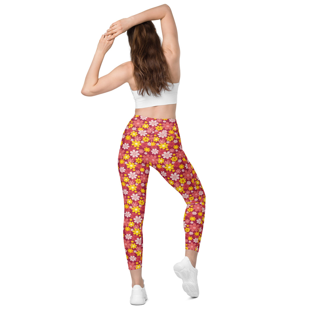 Women’s high-waisted pink and yellow floral yoga leggings with pockets soft compression active pants