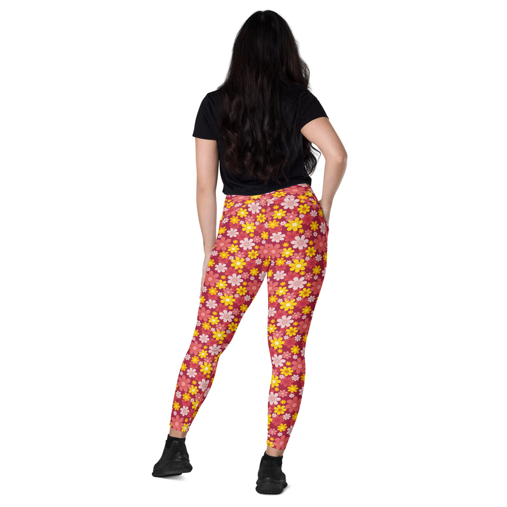 Women’s high-waisted pink and yellow floral yoga leggings with pockets soft compression active pants