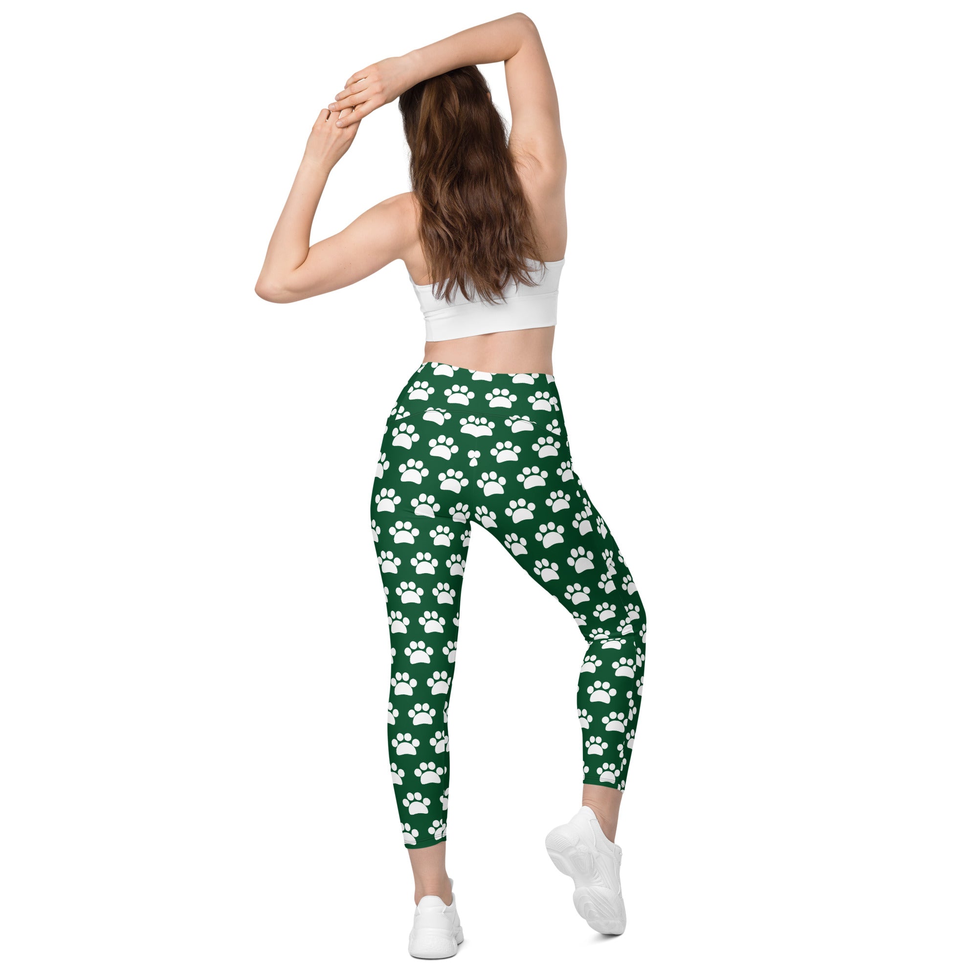 Women’s green high waisted paw print yoga leggings with pockets soft compression active pants