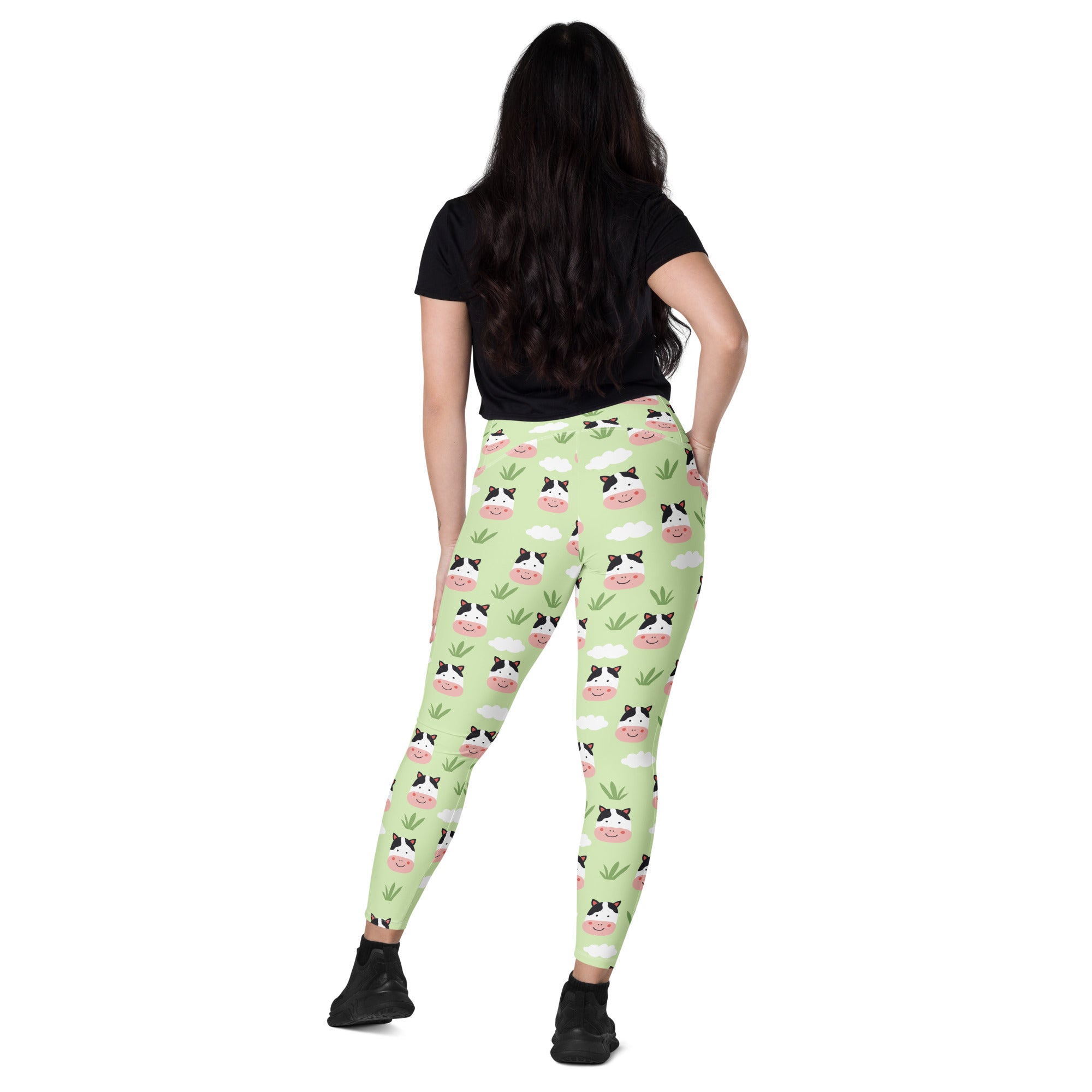 Women’s light green cute cow yoga leggings with pockets high waisted soft compression and playful cartoon pattern