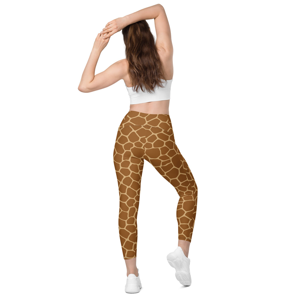 Women’s giraffe print high waisted soft compression yoga leggings with pockets in brown pattern shown from the back
