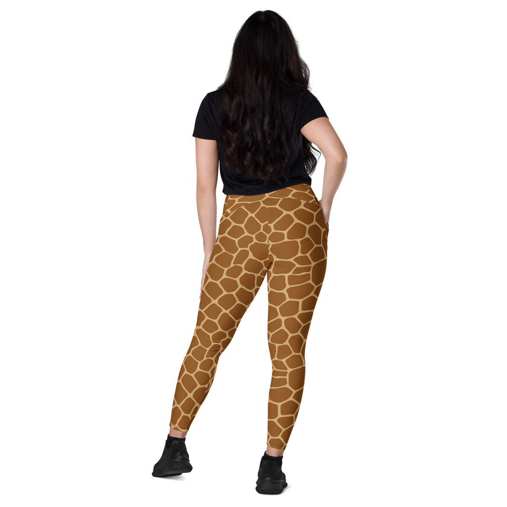 Women’s high-waisted brown giraffe print yoga leggings with pockets soft compression fitted design