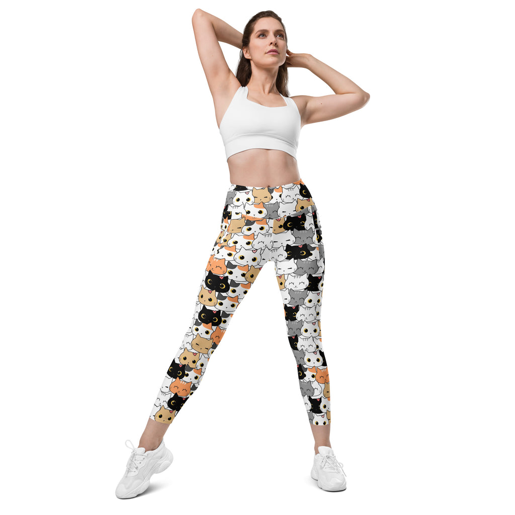Cute women’s cat face yoga leggings with pockets featuring colorful cartoon cats high-waisted soft compression pants
