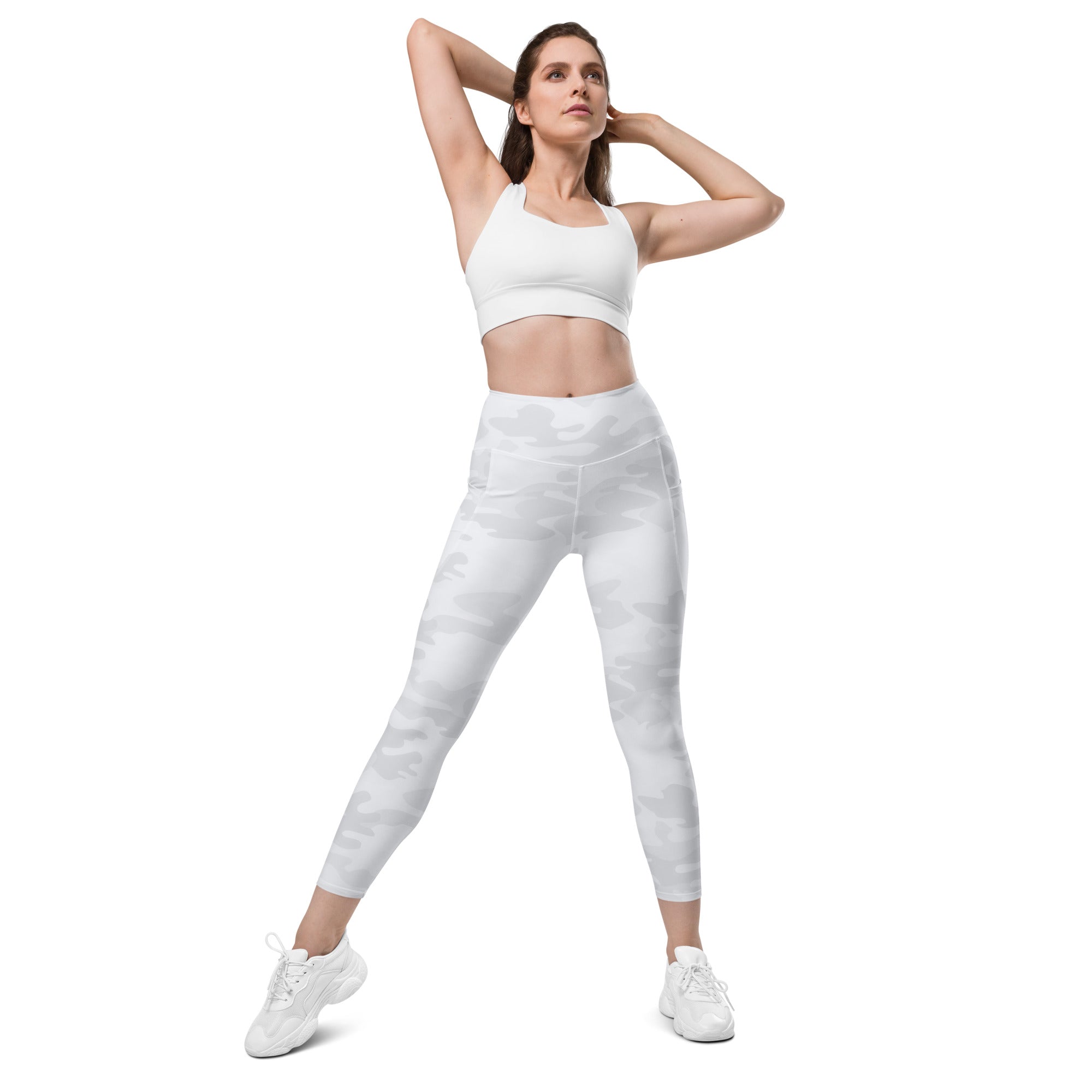 White camouflage high-waisted leggings with side pockets soft compression active pants for women