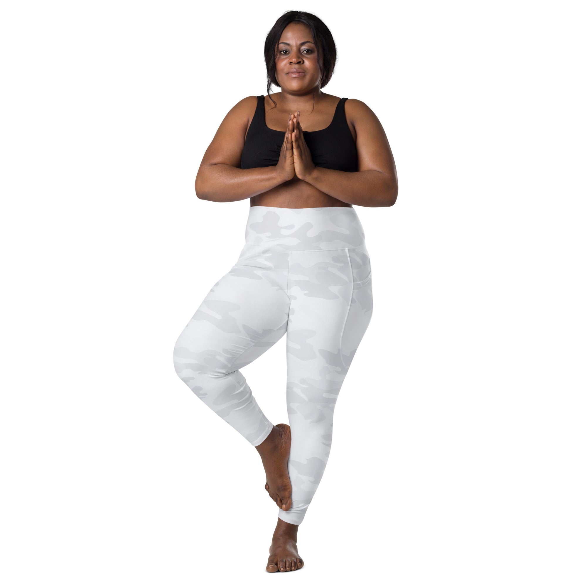 White camouflage high-waisted yoga leggings with pockets soft compression active pants for women