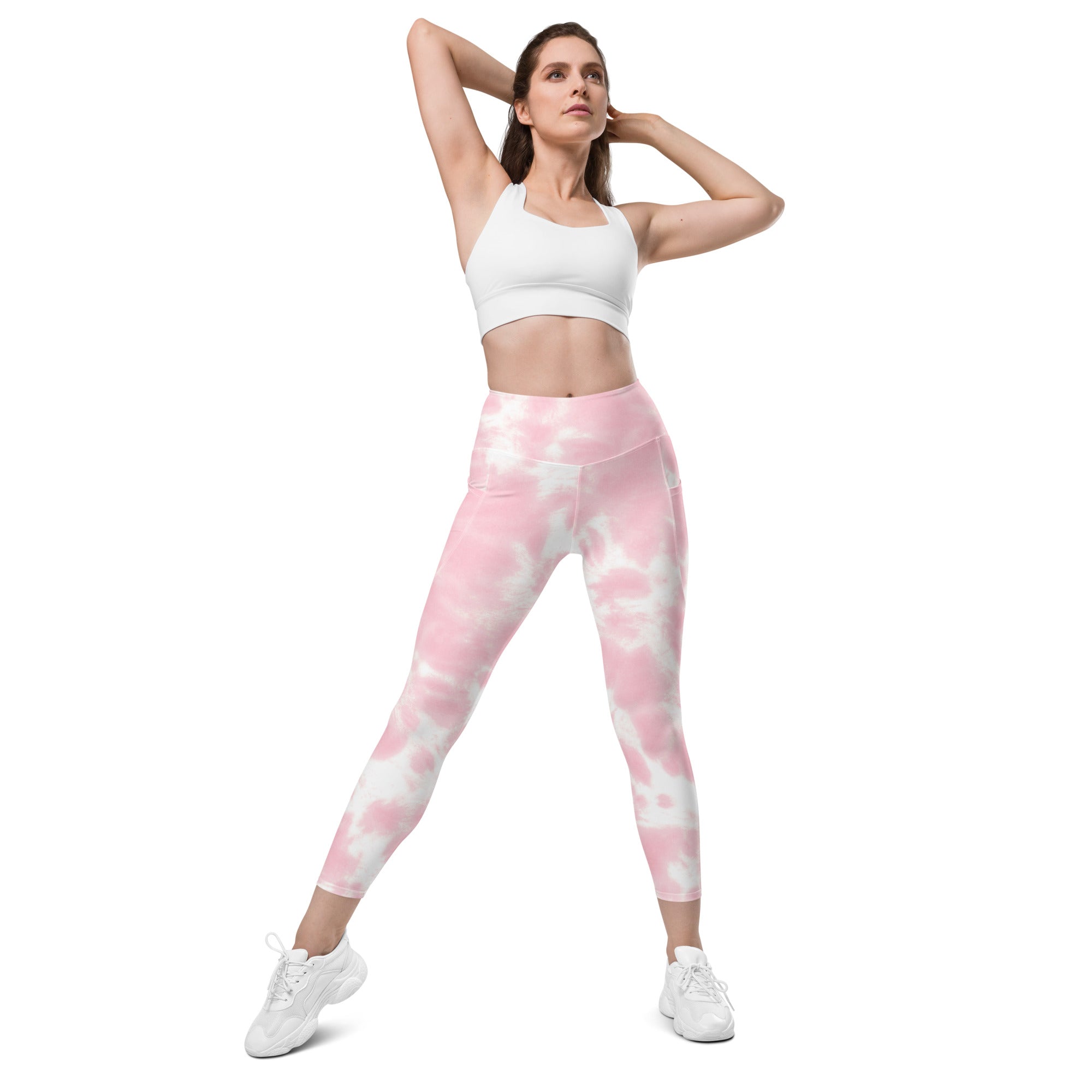 Women’s pink and white tie dye high waisted yoga leggings with pockets soft compression active pants shown from the back