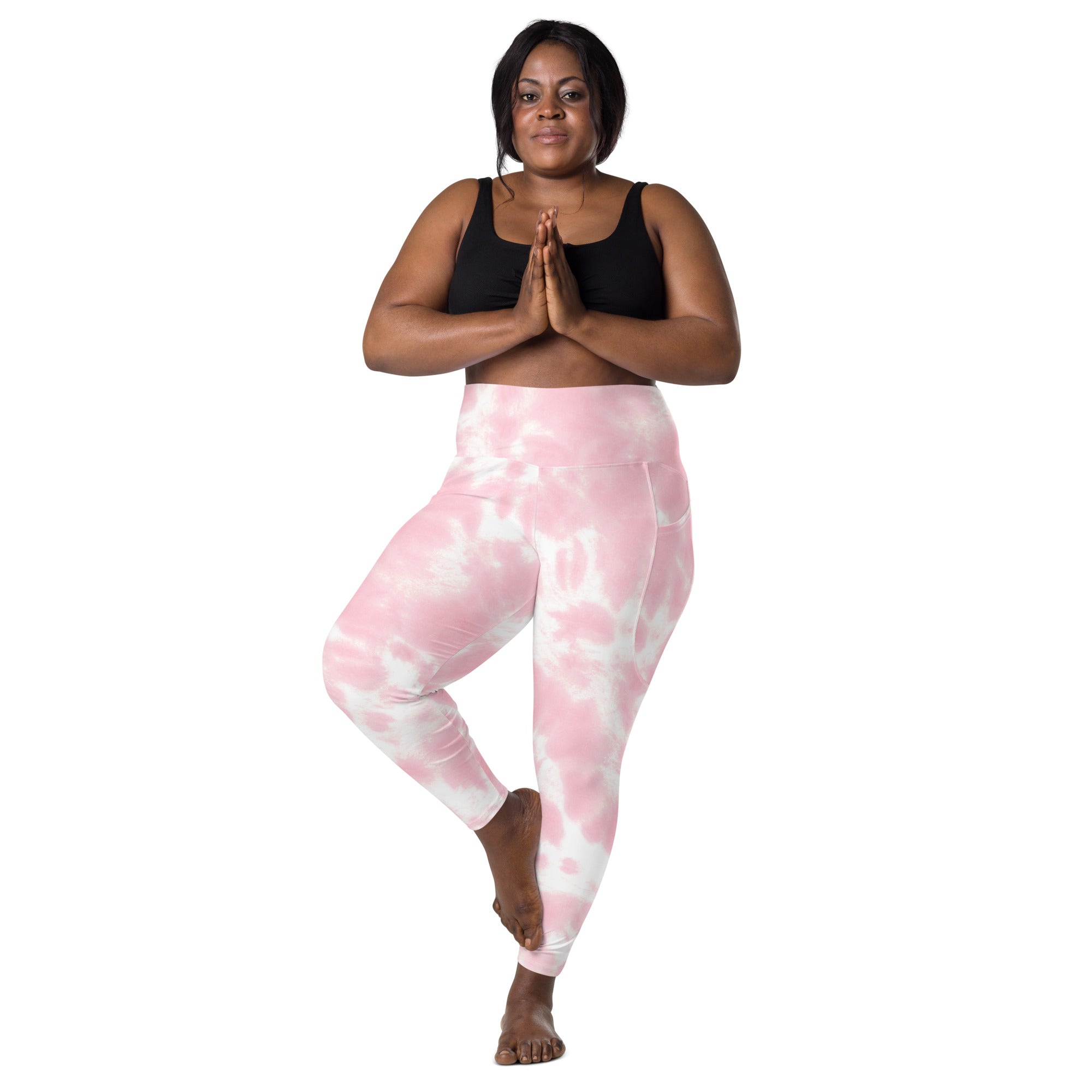 Women’s pink and white tie dye high waisted yoga leggings with pockets made of soft compression fabric for active wear